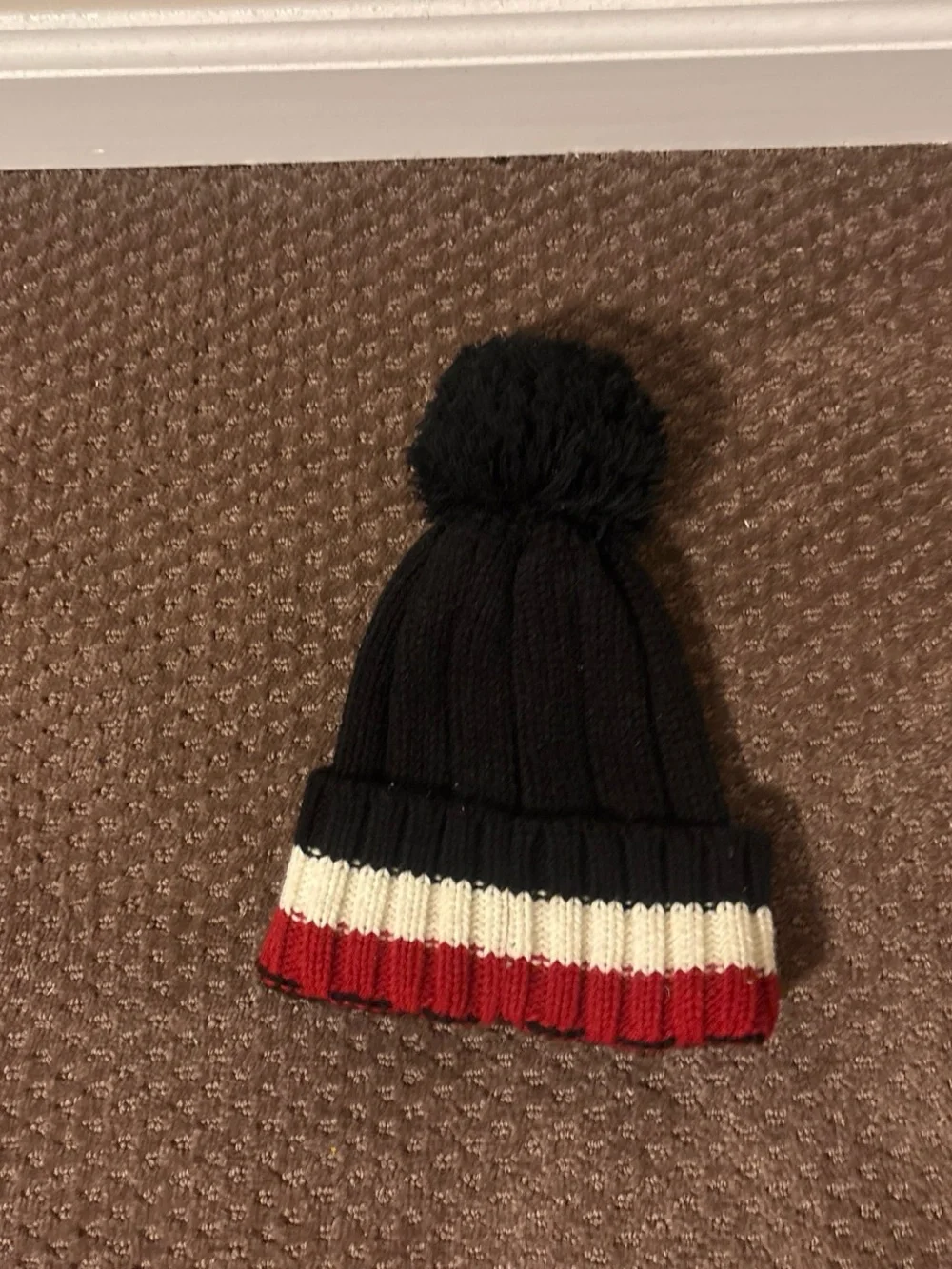 Moncler Black Beanie with Red and White Stripe & Pom